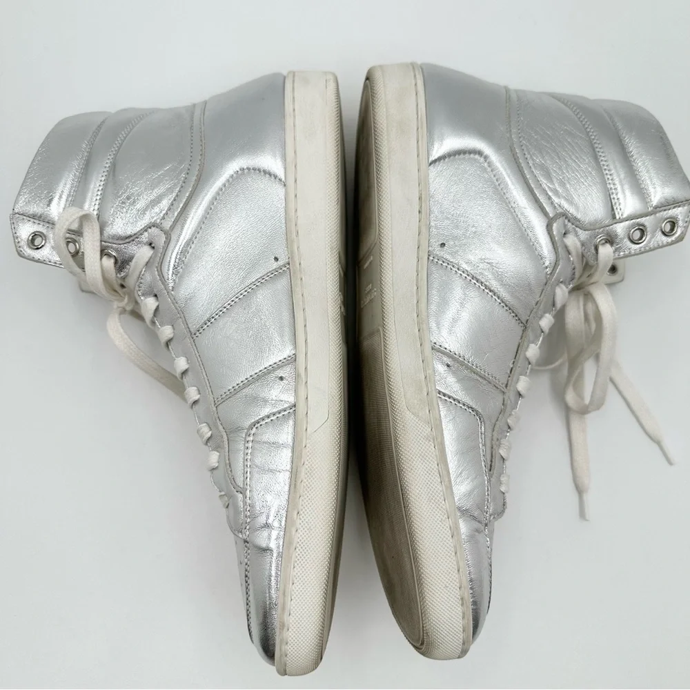 Saint Laurent Men's Metallic Silver Leather Hi-top Sneaker 418026 - Picture 7 of 11